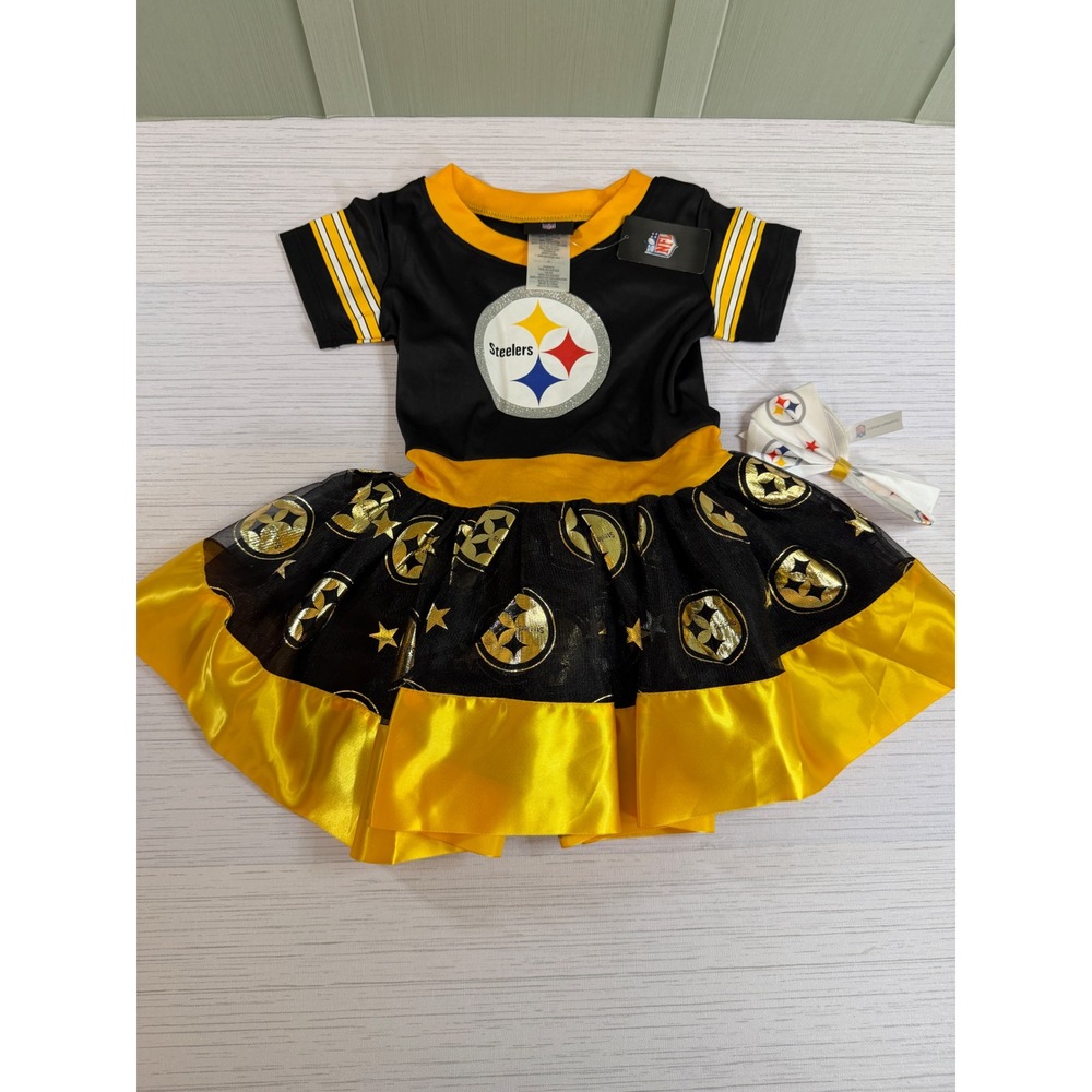 NFL Pittsburgh Steelers Toddler Girls Tutu Dress and Bow Set 2T Black Yellow